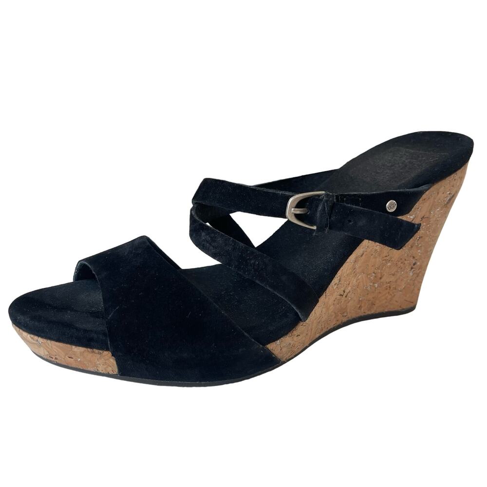 UGG Jullita Womens 7.5M Black Suede Leather Strappy Cork Wedge Heels